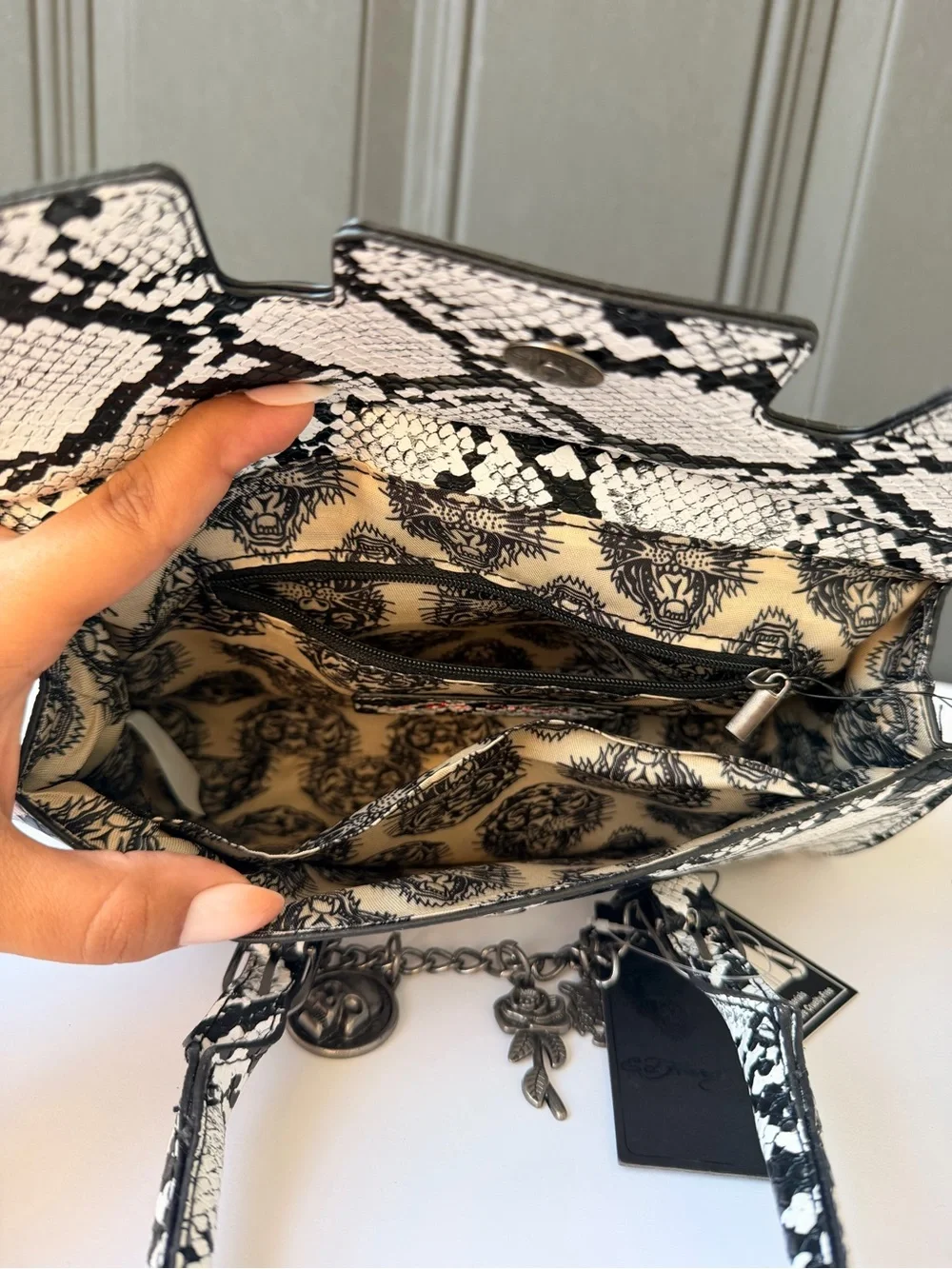 Ed Hardy White & Black Snake-Print Satchel with Charm Accents